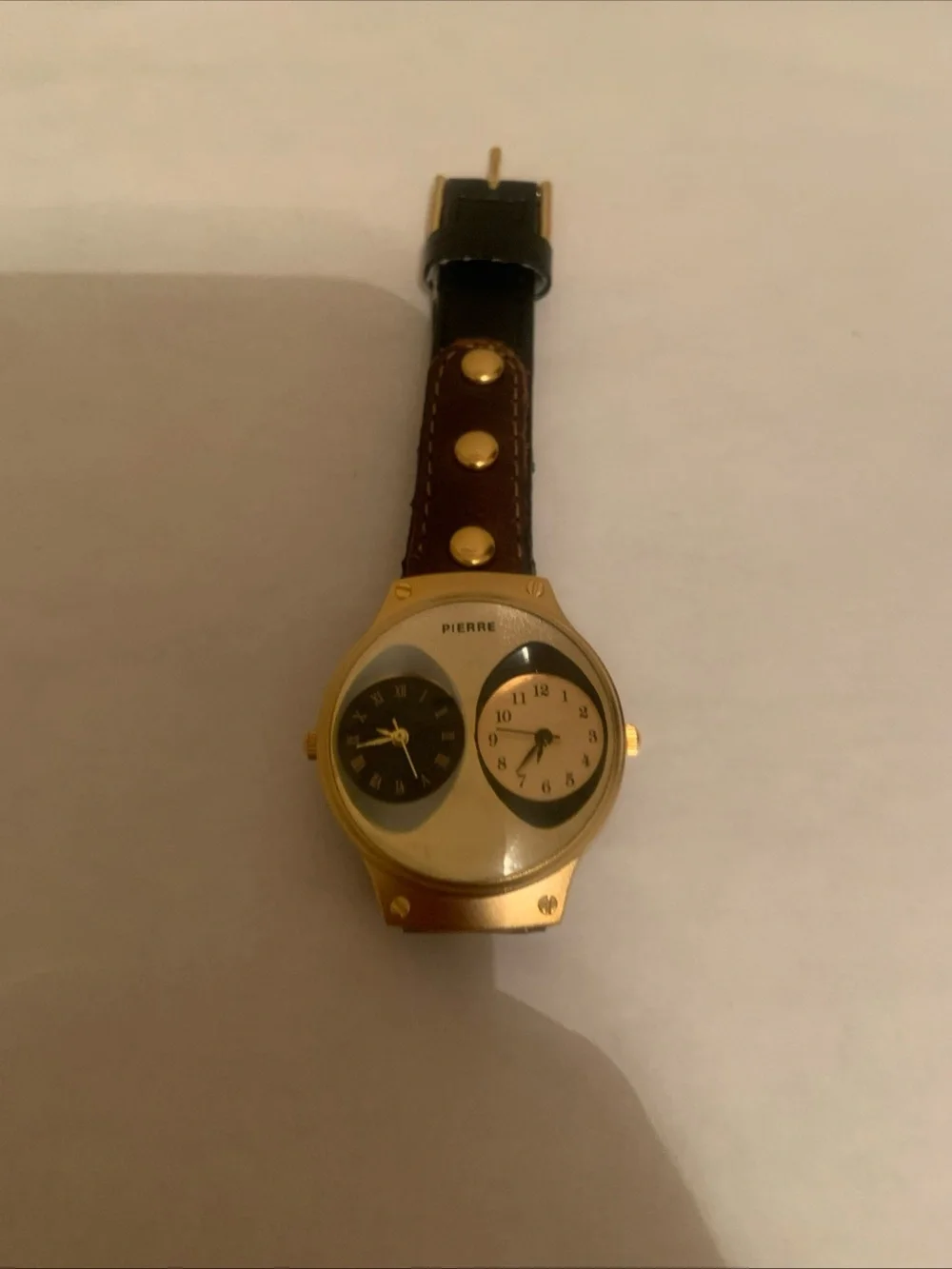 Pierre London boy Dual Time Gold-Tone Watch with Brown & black Leather Strap